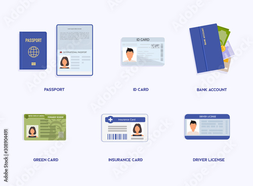 Set of Legal Documents.  ID cards, passport, student pass, migration certificate, legal contract illustration.