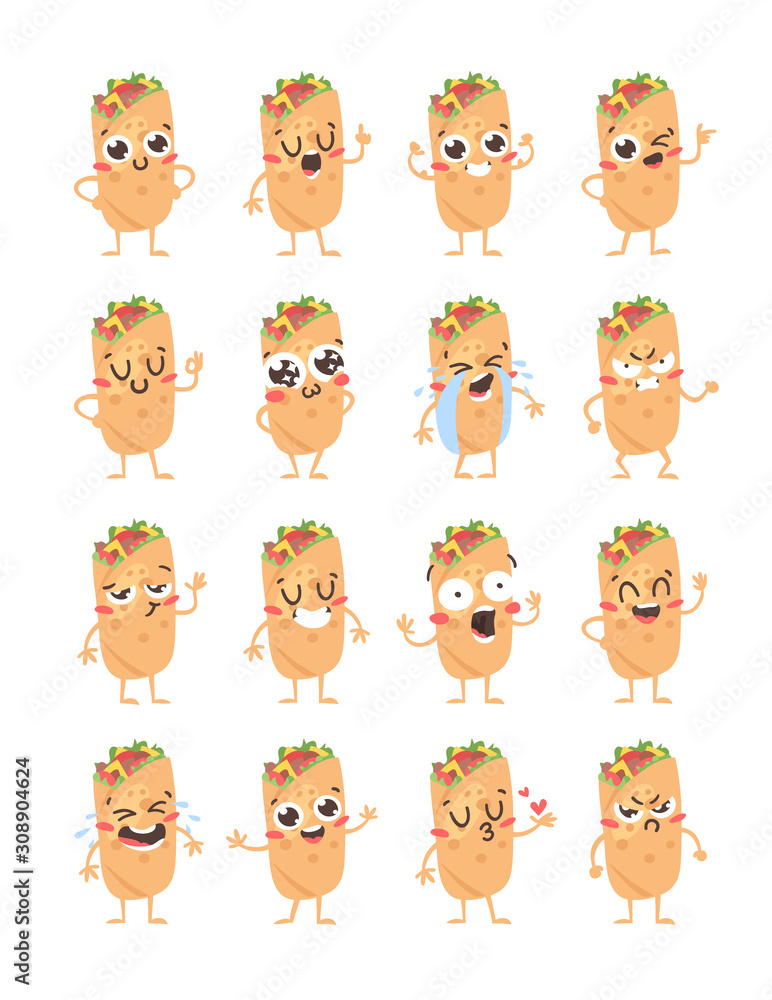 Cartoon drawing set of fast food emoji. Hand drawn emotional meal.Actual Vector illustration mexican cuisine. Creative ink art work burrito Cartoon drawing set of fast food emoji. Hand drawn emotional meal.Actual Vector illustration mexican cuisine. Creative ink art work burrito
