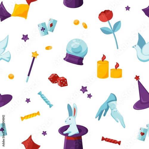 Magician attributes vector seamless pattern. Soothsayer and conjurer items, magic things texture. Theurgical things background. Creative fabric, textile, wallpaper, wrapping paper design.