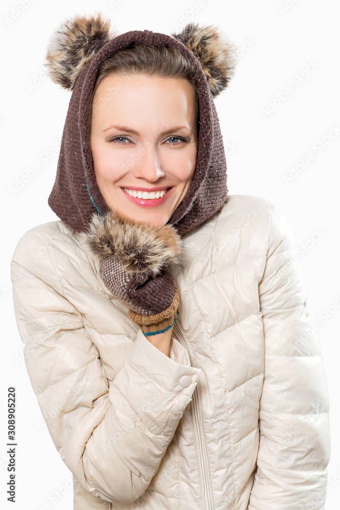 Winter woman wearing fur hat with ears, concept of 2020 new year, mouse symbol	