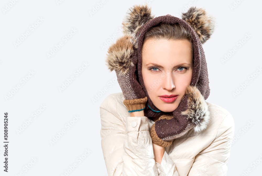 Winter woman wearing fur hat with ears, concept of 2020 new year, mouse symbol Winter woman wearing fur hat with ears, concept of 2020 new year, mouse symbol