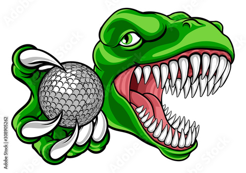 A dinosaur T Rex or raptor golf player cartoon animal sports mascot holding a ball in its claw