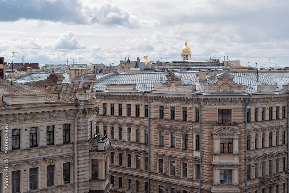 View of St. Petersburg.  Beautiful landscape from roof in cloudy weather. 
