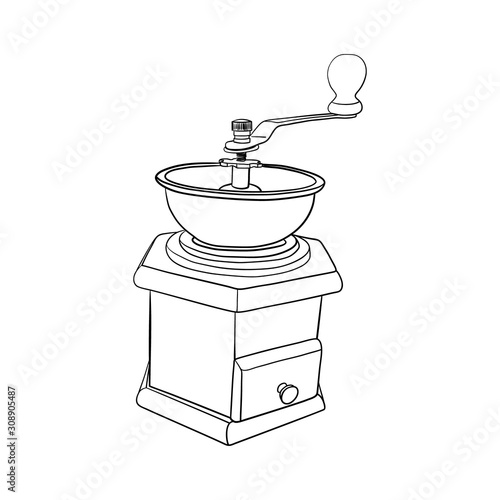 Coffee mill. Hand drawn sketch. Isolated on white background.
