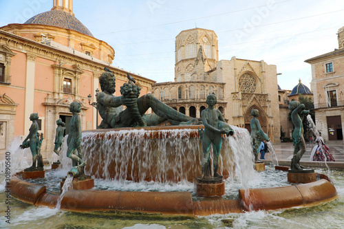 Plaza de la Virgen square with Fuente del Turia fountain in Valencia, Spain photo