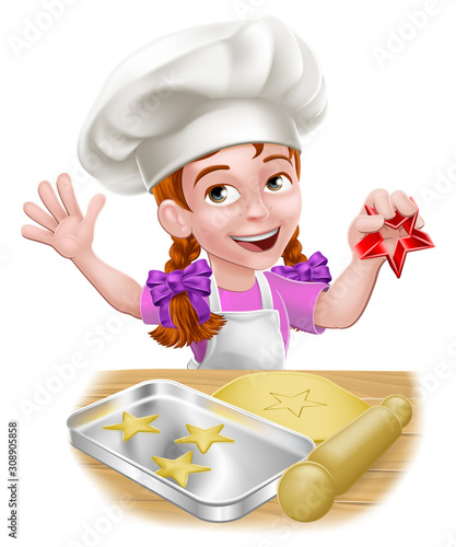 A girl chef child cartoon kid character baking cookies