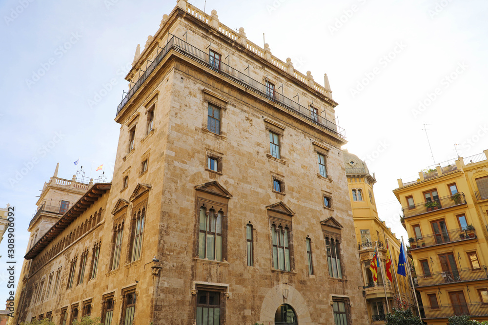Fototapeta premium Palau de la Generalitat in Valencia, Spain, is a 15th century gothic palace, currently used as the seat of the regional government, the Generalitat Valenciana.