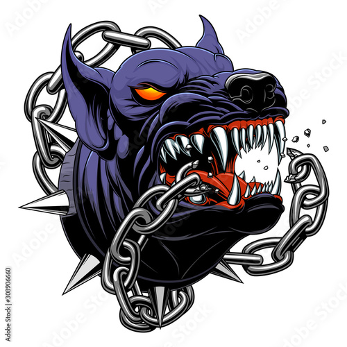 Black angry dog broke the chain