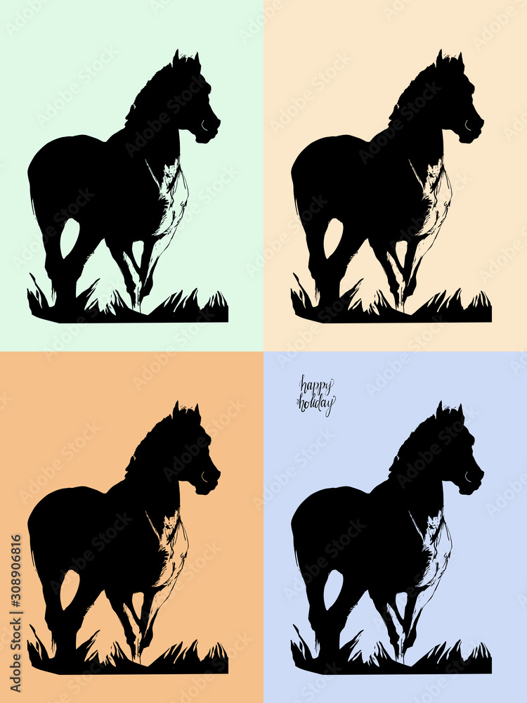 Fototapeta set of four images , black isolated horse silhouette on colored background and inscription 