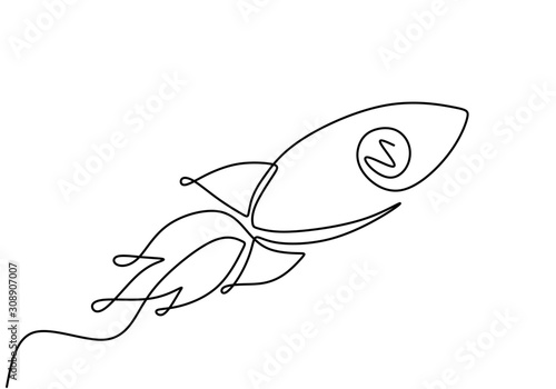 Rocket One line drawing. Spaceship concept vector minimalism style. Single sketch lineart.