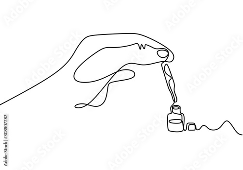Continuous one line drawing of hand holding glass pipette. Essential oils bottle minimalism design vector.