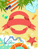 Vector Banner Summer Holidays and Travel Design. The inscription Hello summer, a floating boat, a flying plane on the background