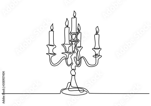 Continuous one line drawing of burning candle on chandelier.