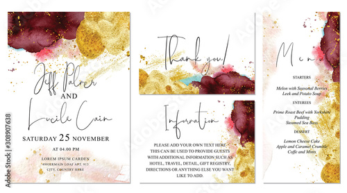 Burgundy, pink and gold wedding set with watercolor background