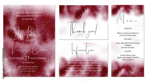 Burgundy wedding set with abstract watercolor background