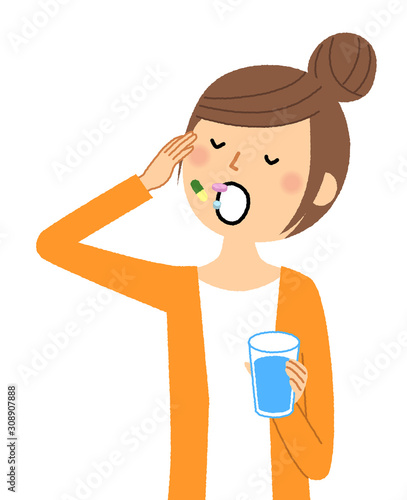 若い女性　薬を飲む