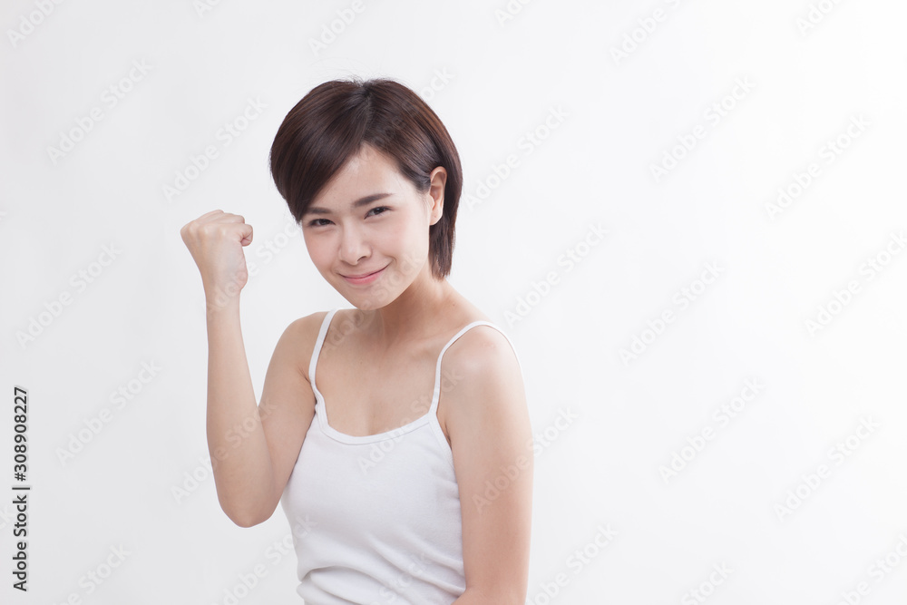 Young beautiful Asian short hair female model on white background Young beautiful Asian short hair female model on white background
