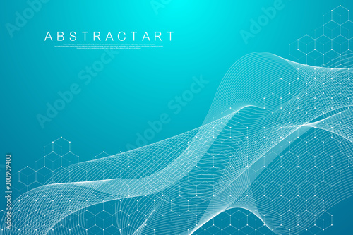 Abstract hexagonal boxes background. Molecular structure with hexagons lines and dots. Medical banner template design. Science and technology concept. Vector illustration