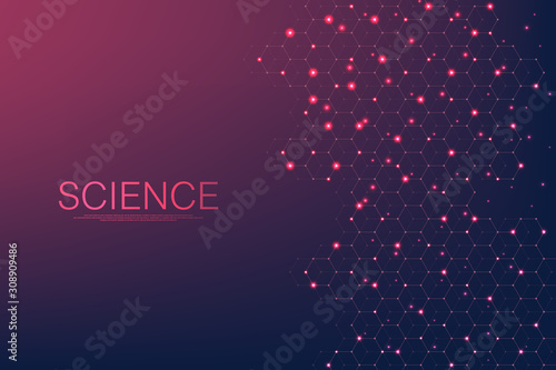 Technology abstract lines and dots connect background with hexagons. Hexagons connection digital data and big data concept. Hex digital data visualization. Vector illustration.