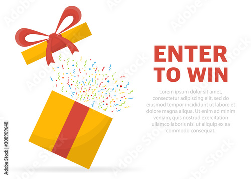 Enter to win prizes. Prize box opening and exploding with fireworks and confetti.