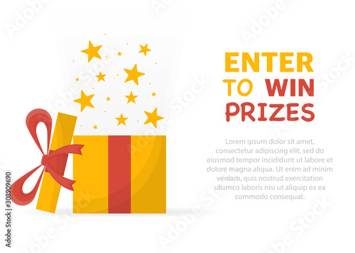 Enter to win prizes. Prize box opening and exploding with fireworks and confetti.