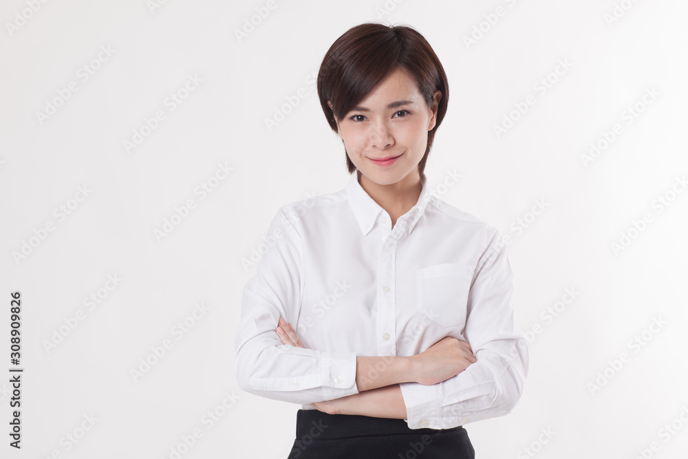Young beautiful Asian female model on the white background for business concept Young beautiful Asian female model on the white background for business concept