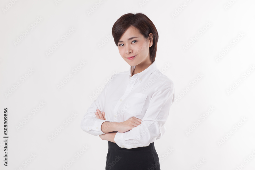 Young beautiful Asian female model on the white background for business concept Young beautiful Asian female model on the white background for business concept