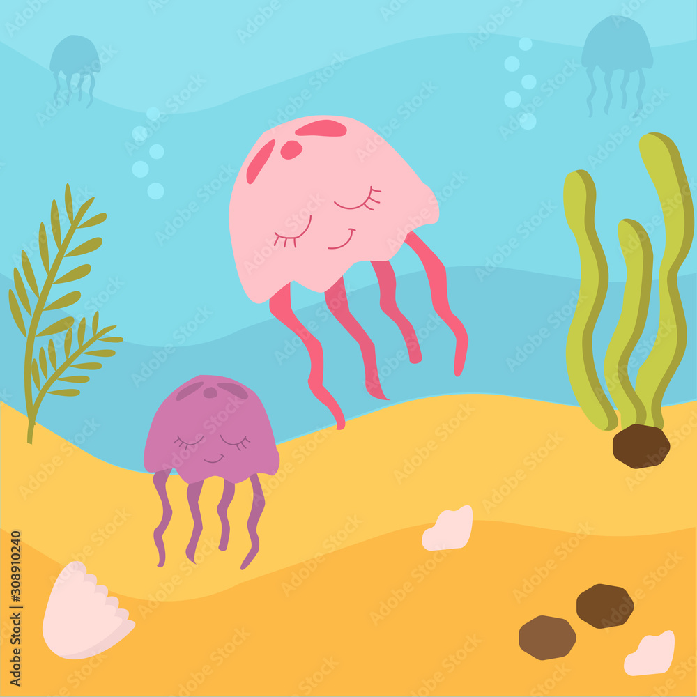 Sea life. Vector illustration. Cute jellyfish . Colored Underwater world, marine animals. background is ocean nature - sand and deep blue water with sea weed