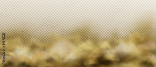 Dust sandy cloud, air pollution fog or smoke, brown heavy steam with motes sand and soil particles isolated on transparent background. Thunderstorm in desert Realistic 3d vector illustration, clip art