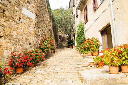 Valokuvatapetti Croatia, Istria, beautiful old cobbled street, traditional houses and in the old