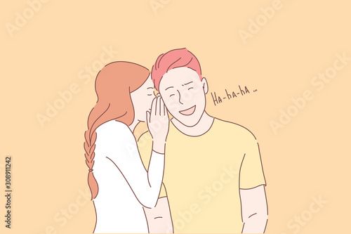 Telling jokes, funny secrets, gossiping concept. Young girl sharing secrets, whispering in sweetheart ear. Cute boy laughing at girlfriend story. Romantic relationships. Simple flat vector