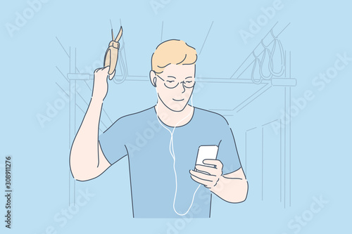 Commuting, using smartphone, bus passenger concept. Male commuter surfing web in public transport, underground. Young man listening music on cellphone with headphones. Simple flat vector