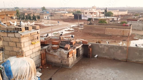 A pan shot of the Syrian city of Qamishli near the Turkish border from a high point showing domestic pigeons on a cloudy day. photo