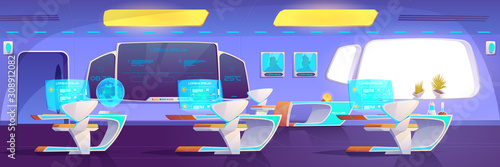 Modern classroom with futuristic furniture and supplies. Empty studying area on space ship with digital blackboard, hologram monitors on desks, neon glowing illumination. Cartoon vector illustration