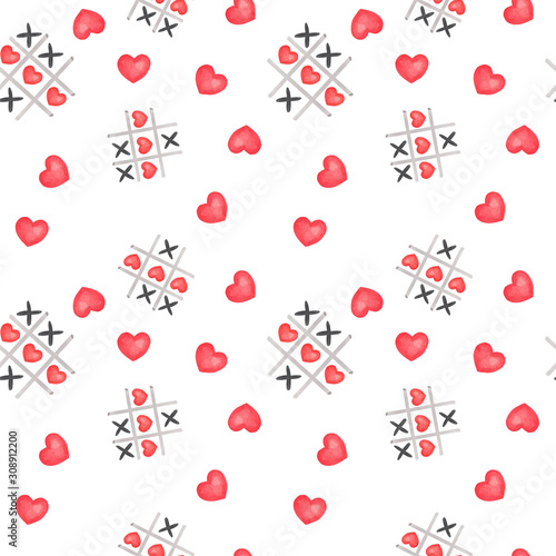 Saint Valentine illustration Seamless pattern with watercolor illustartions hearts and tick tack toe