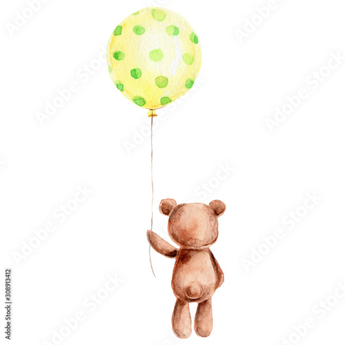 Cute teddy bear with yellow balloon; watercolor hand darw illustration; with white isolated background photo