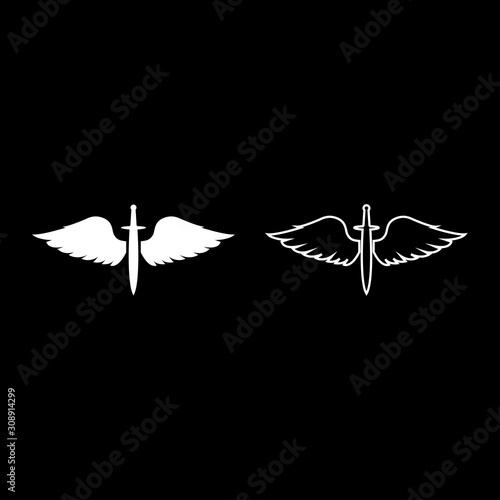 Wings and sword symbol cadets Winged blade weapon medieval age Warrior insignia Blazon bravery concept icon outline set white color vector illustration flat style image