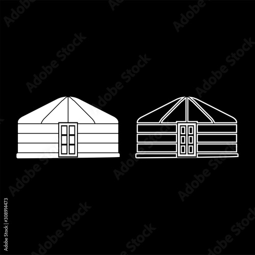 Yurt of nomads Portable frame dwelling with door Mongolian tent covering building icon outline set white color vector illustration flat style image