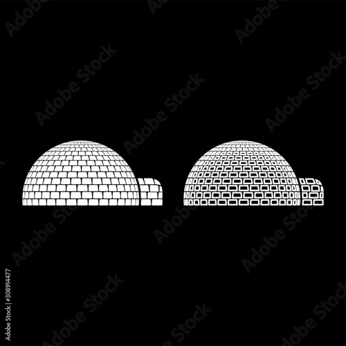 Igloo dwelling with icy cubes blocks Place when live inuits and eskimos Arctic home Dome shape icon outline set white color vector illustration flat style image
