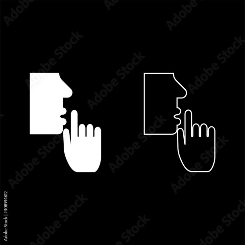 Keep silence concept Man shows index finger quietly Person closed his mouth Shut his lip Shh gesture Stop talk please theme Mute icon outline set white color vector illustration flat style image