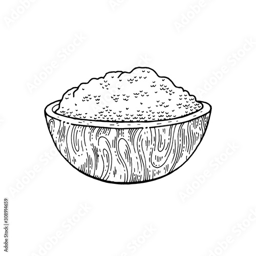 Wooden bowl with food - sketch flour, rice, sea salt, spirulina, spice, potato, oat, sugar, porridge, strach, curry. Doodle hand drawn vector illustration, vintage drawing isolated on white background
