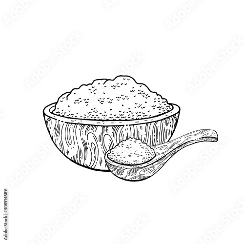 Wooden bowl spoon with food - sketch flour, rice, sea salt, spirulina, spice, potato, oat, sugar, porridge. Doodle hand drawn vector illustration, vintage breakfast drawing, isolated white background