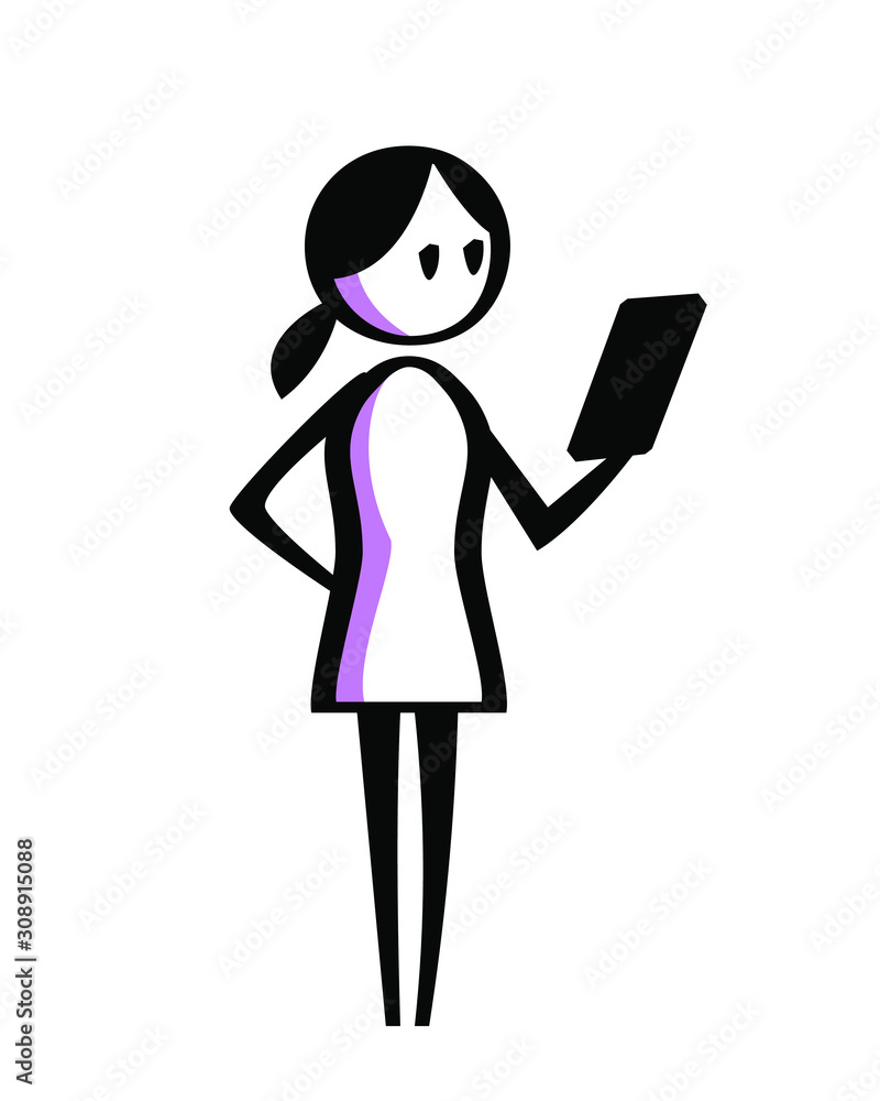 Flipchart style drawing of woman holding smartphone - line art illustration for presentations Flipchart style drawing of woman holding smartphone - line art illustration for presentations