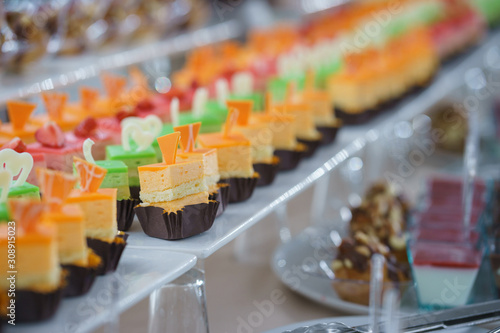 Sweet little desserts cakes in different colors on a plate prepared for the guests of the event.