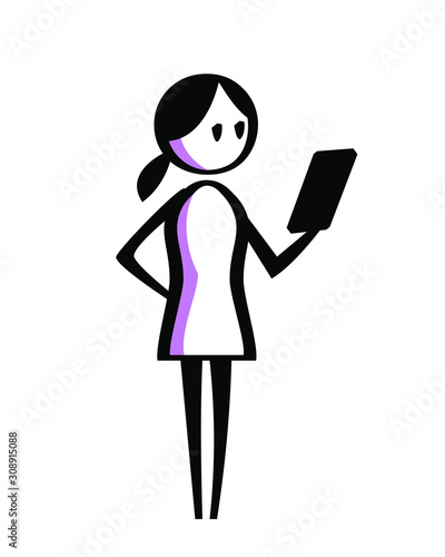 Flipchart style drawing of woman holding smartphone - line art illustration for presentations