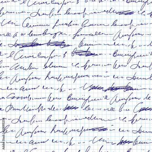 Handwritten abstract text with mistakes and misprints seamless pattern, vector monochrome script background, with scribbles and blots