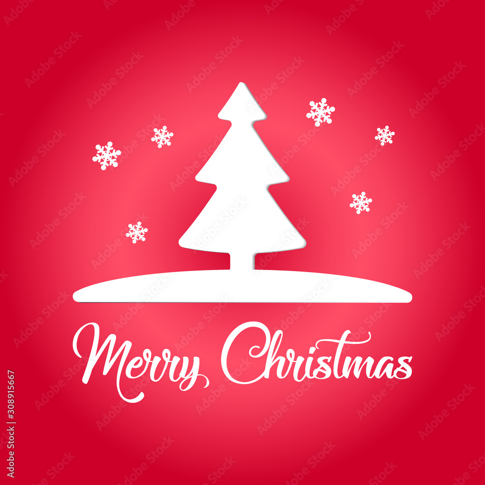 Merry Christmas Greeting Card. Lettering with tree and snow on red background, vector illustration.