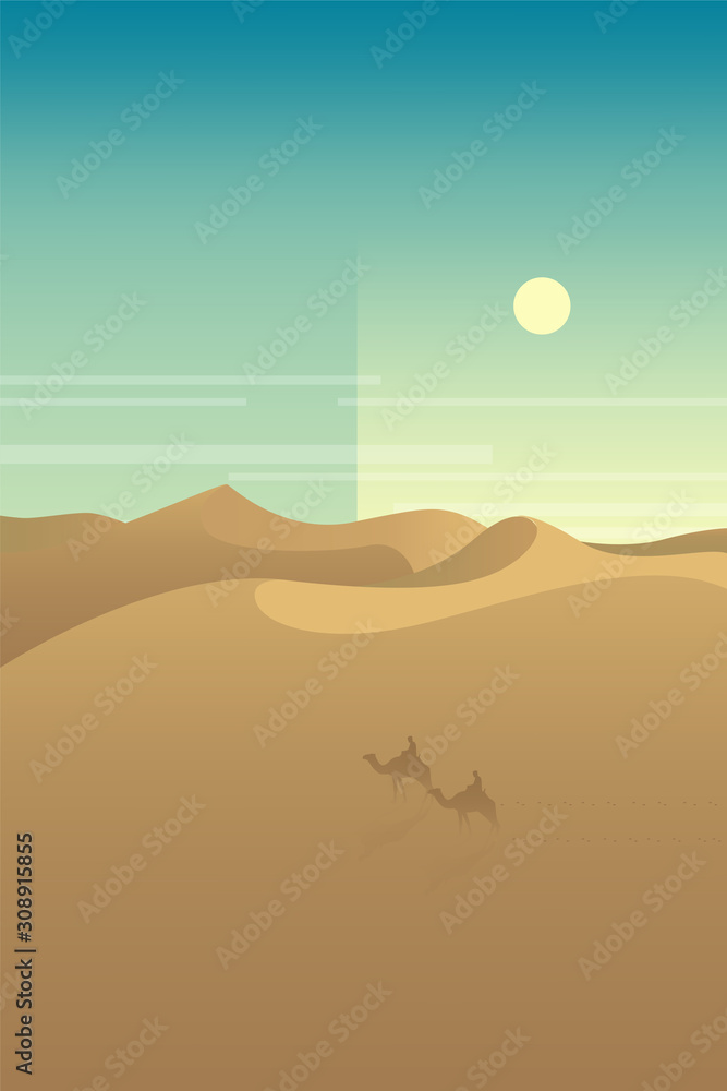 Fototapeta Minimalist desert panorama landscape with sand dunes and clear blue sky on very hot sunny day summer concept. Scenery nature background vector illustration