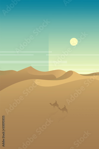 Minimalist desert panorama landscape with sand dunes and clear blue sky on very hot sunny day summer concept. Scenery nature background vector illustration