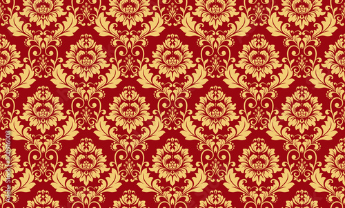 Wallpaper in the style of Baroque. Seamless vector background. Red and gold floral ornament. Graphic pattern for fabric, wallpaper, packaging. Ornate Damask flower ornament